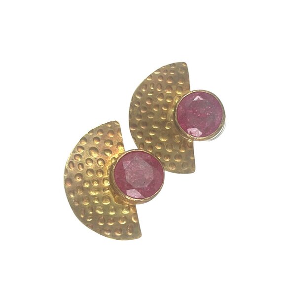 Hammered Brass Ruby Gemstone Statement Earrings - Picture 3 of 6